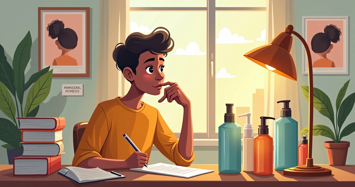 Ilustração de uma pessoa pesquisando produtos de cabelo, incluindo minoxidil, em um ambiente aconchegante.