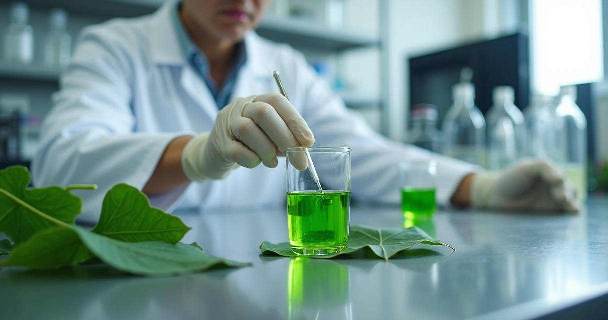 Técnico em laboratório analisando extrato de moringa em tubo de ensaio 