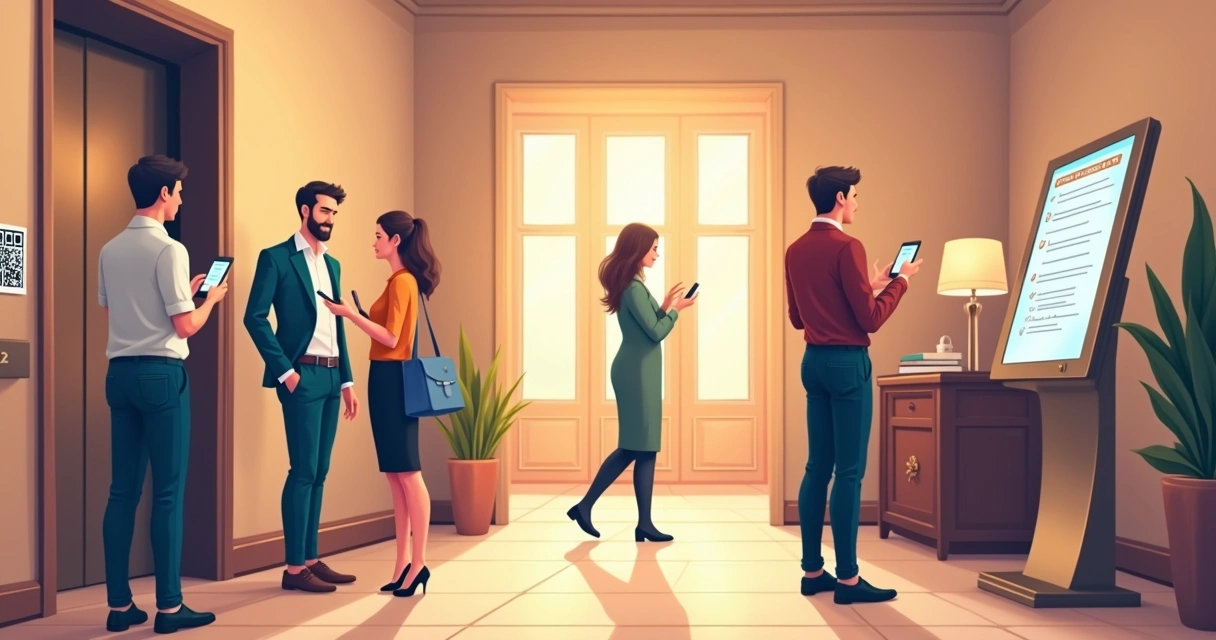 Hóspede interagindo com totens, QR code e celular em um lobby de hotel