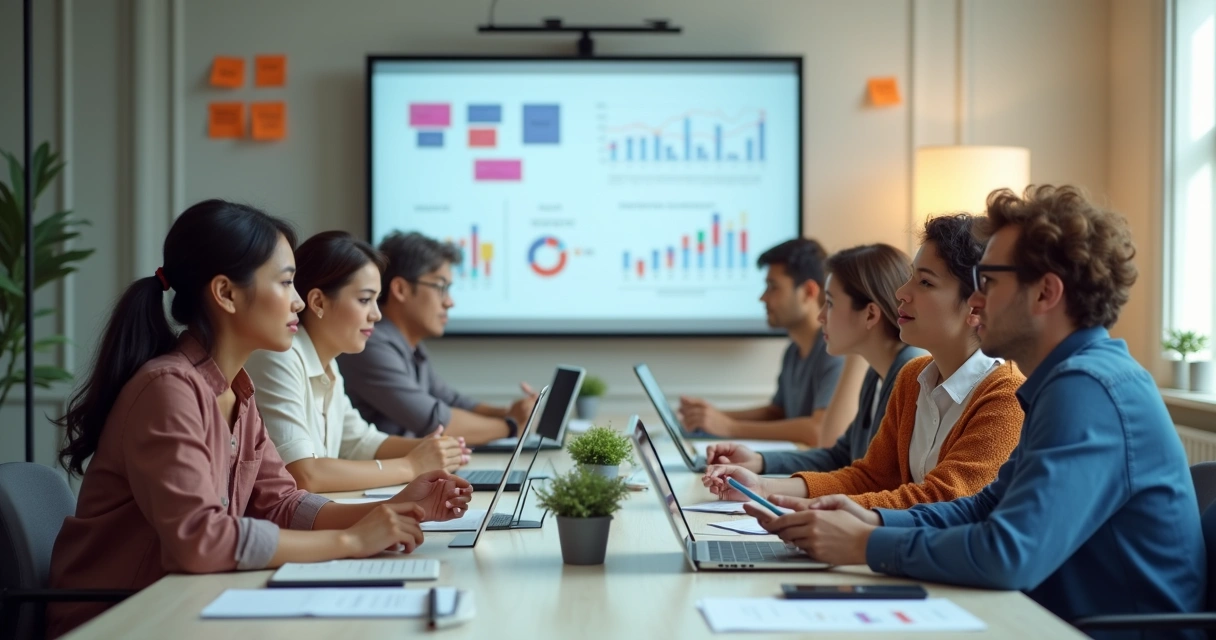 Pessoas de diferentes idades sentadas ao redor de uma mesa, discutindo ideias, com tablets, notebooks e papéis 
