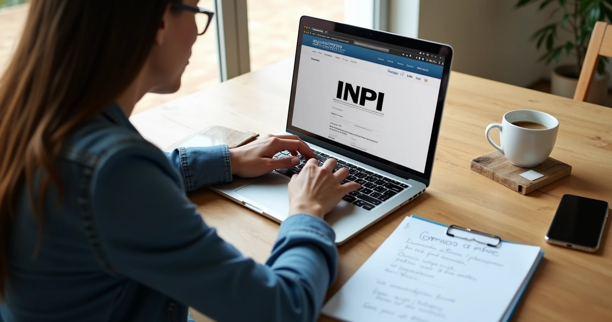 Profissional analisando lista de nomes de marcas no notebook com página do INPI aberta e anotações ao lado.
