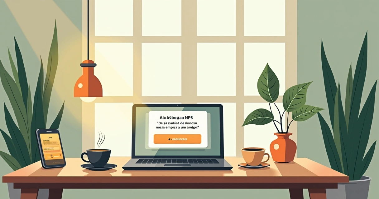 Computador com pesquisa NPS na tela, xícara de café e telefone ao lado, ambiente acolhedor.
