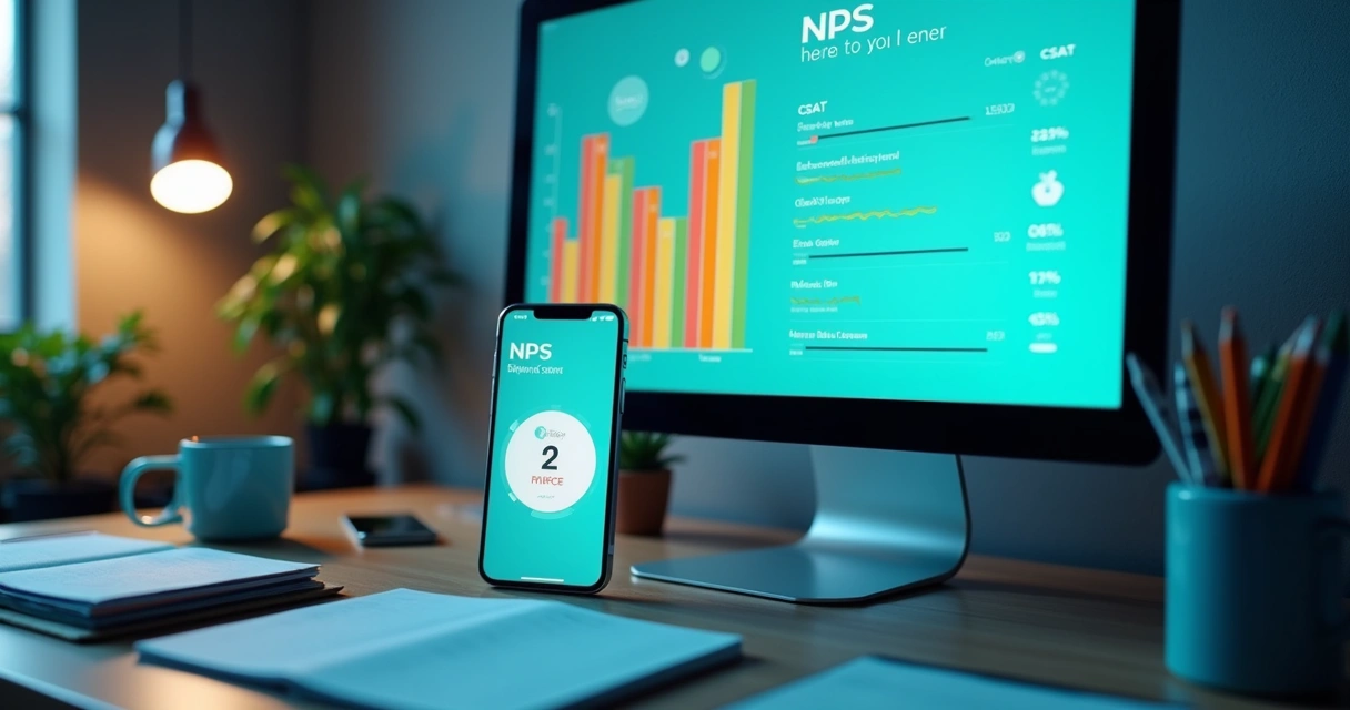 Tela de aplicativo mostrando pesquisa NPS e gráfico de CSAT