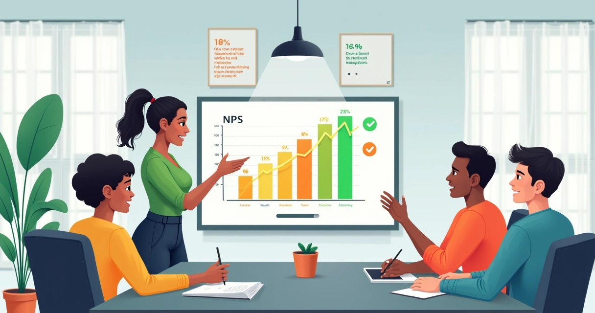 Ilustração de um grupo diversificado discutindo em um escritório moderno, analisando gráficos de satisfação do cliente