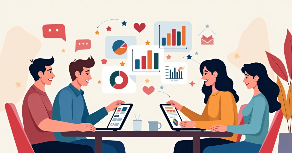 Ilustração corporativa mostrando quatro pessoas de gerações diferentes em círculo discutindo gráficos e dados em tablets e laptops sobre experiência do cliente 