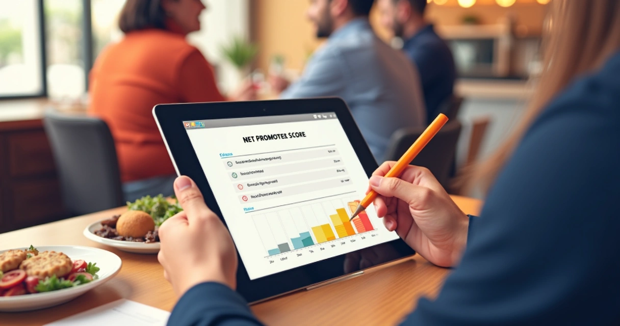 Pessoa preenchendo pesquisa NPS em tablet em restaurante