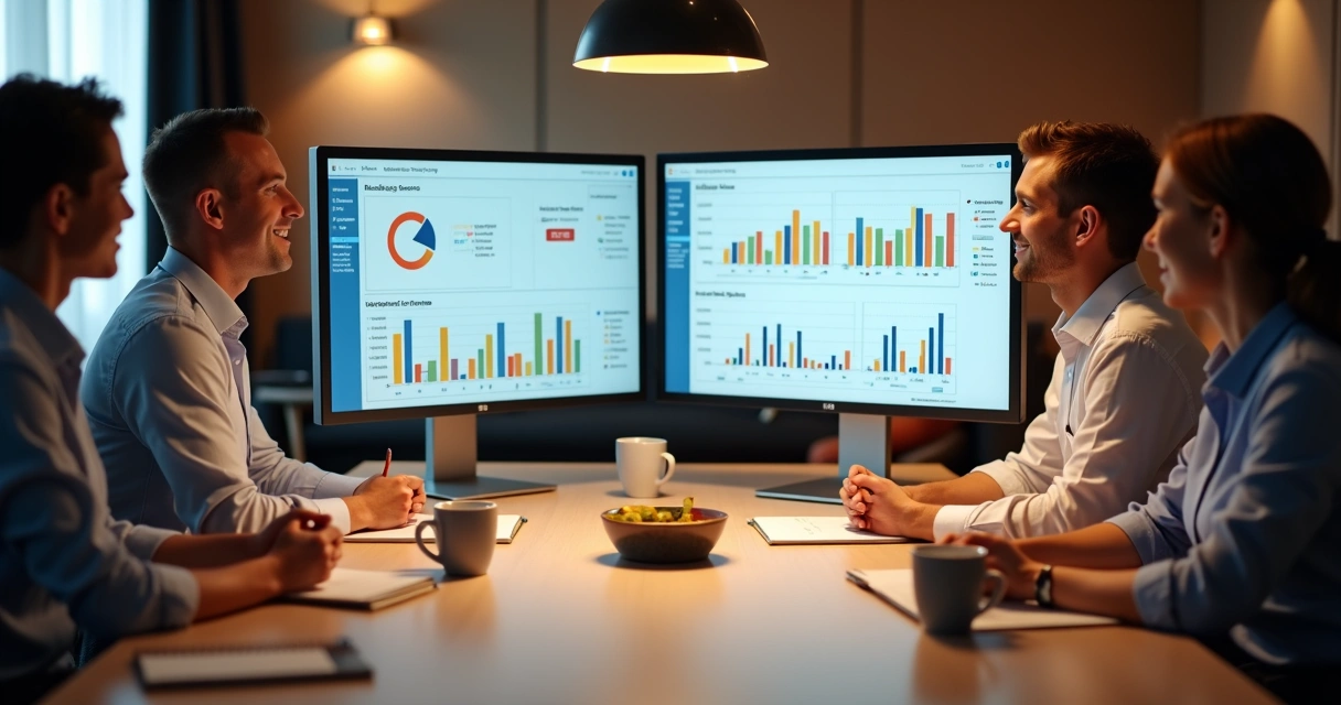 Equipe de hotel analisando gráficos de satisfação de diferentes perfis de hóspedes 