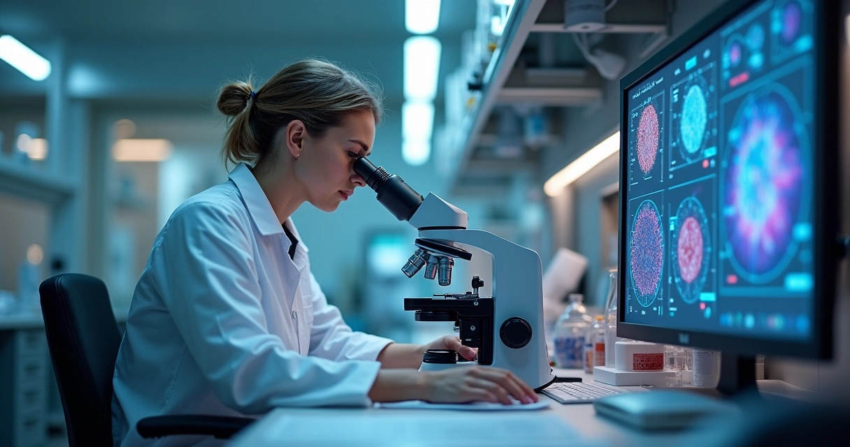 Laboratório moderno com pesquisador analisando células cancerígenas