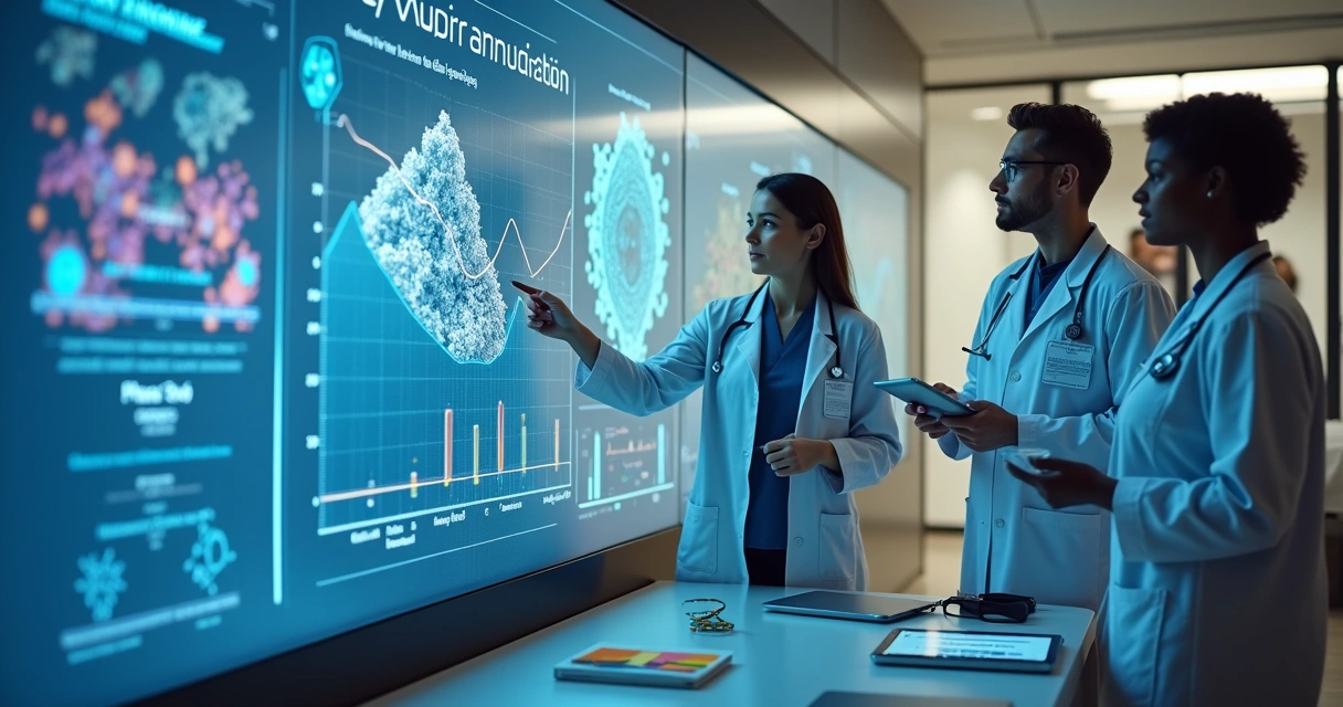 Equipe médica em laboratório analisando dados de ensaios clínicos oncológicos em tela gigante 