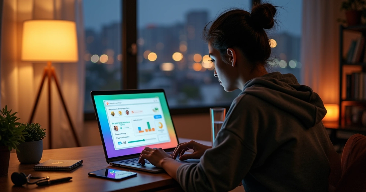 Pessoa em casa respondendo pesquisa online no notebook com elementos visuais de engajamento na tela 