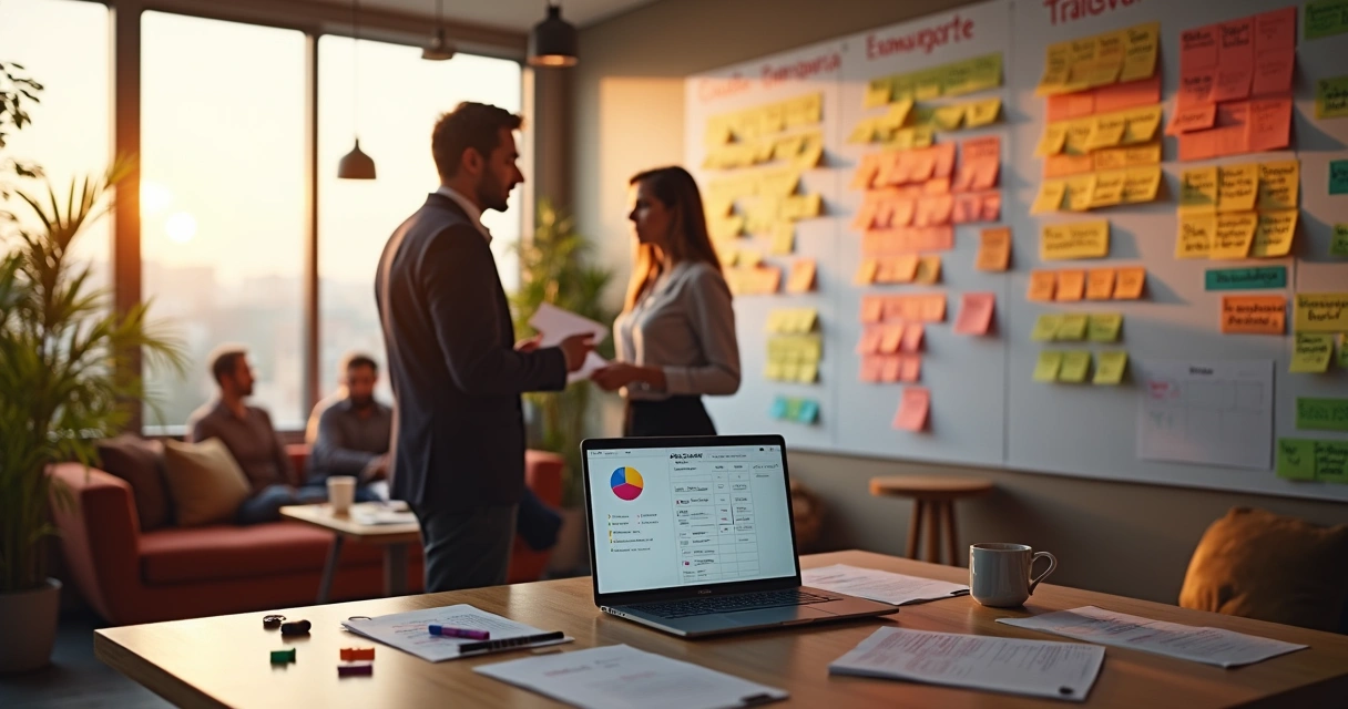 Assessor político analisa respostas de pesquisa online em mural colorido de post-its 