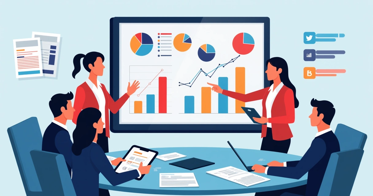 Equipe analisando gráficos e resultados de uma pesquisa de opinião em uma tela grande