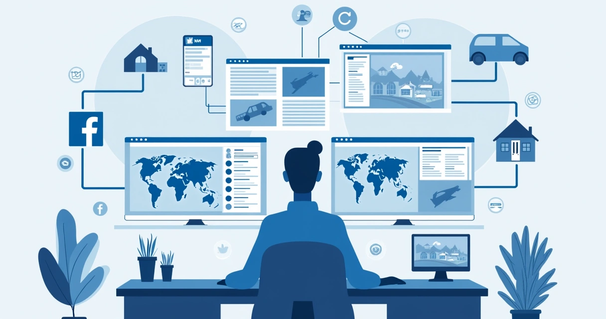 Representação visual da investigação OSINT em computador com telas mostrando redes sociais, imóveis, veículos e viagens 