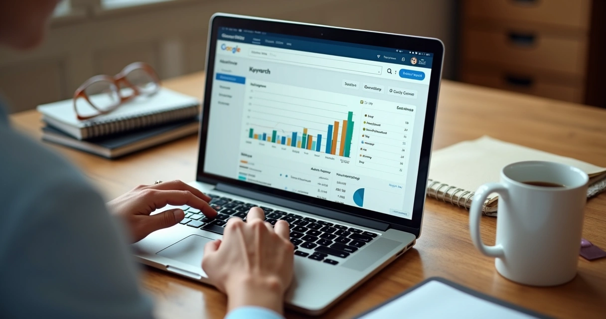 Pessoa usando computador para pesquisa de palavra-chave 