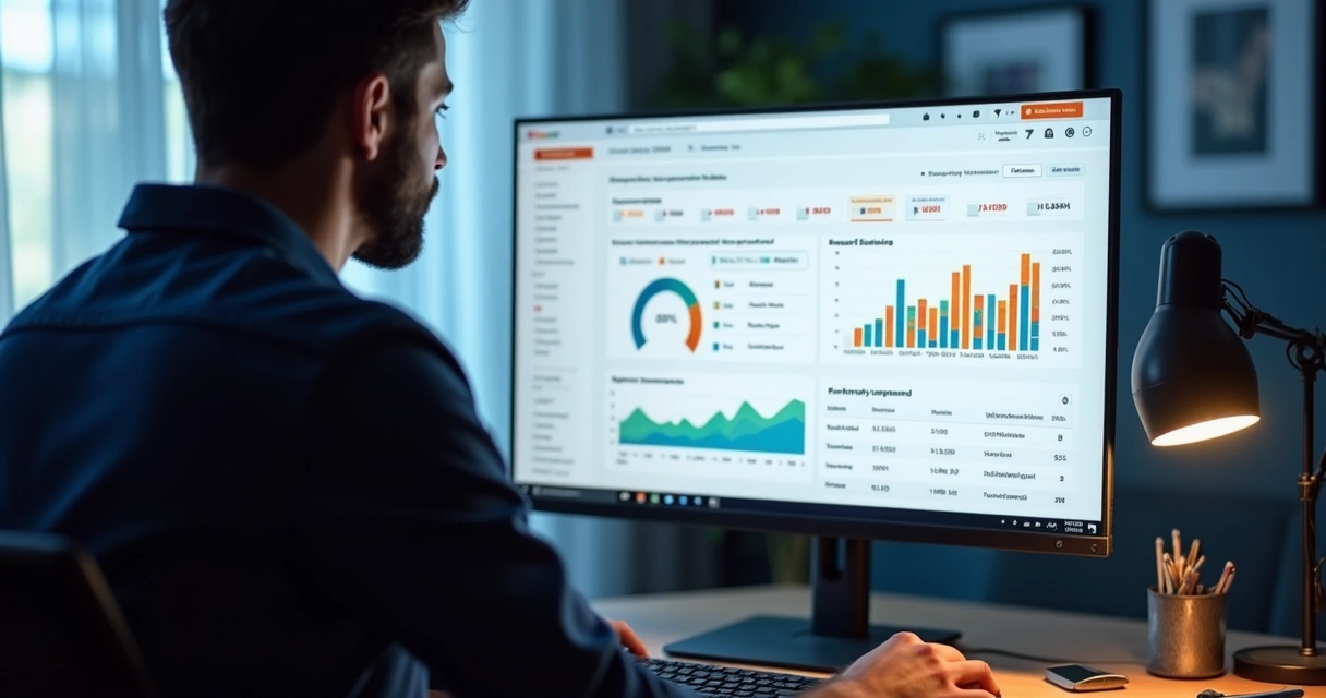 Pessoa usando dashboard para pesquisa de palavras-chave em computador moderno