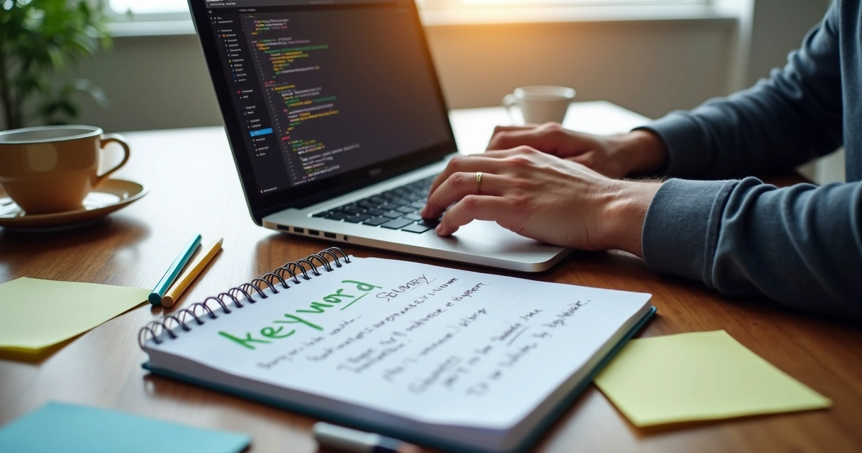 Pessoa pesquisando palavras-chave em notebook com anotações 