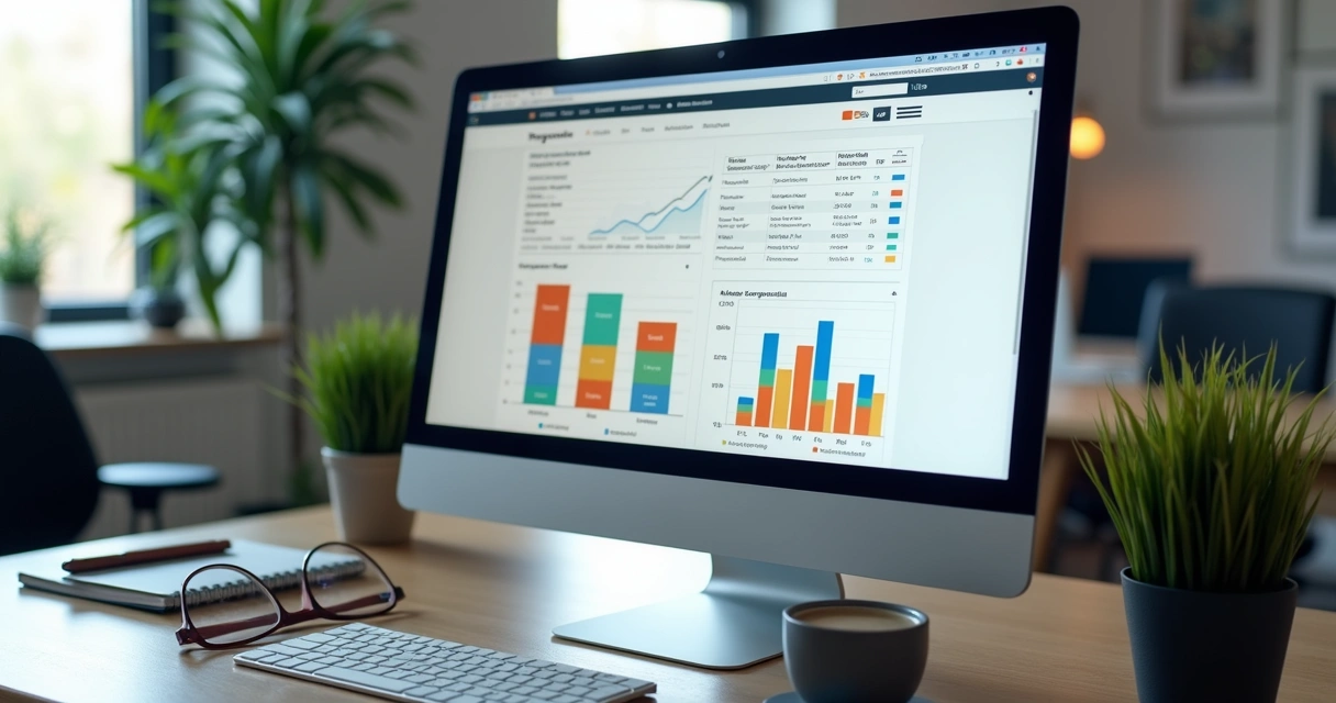 Tela de computador exibindo análise de palavras-chave com gráficos de volume e concorrência em fundo de escritório moderno 