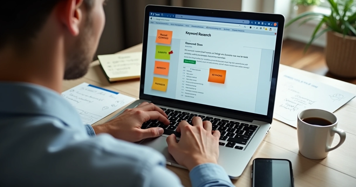 Pessoa fazendo pesquisa de palavras-chave no laptop 