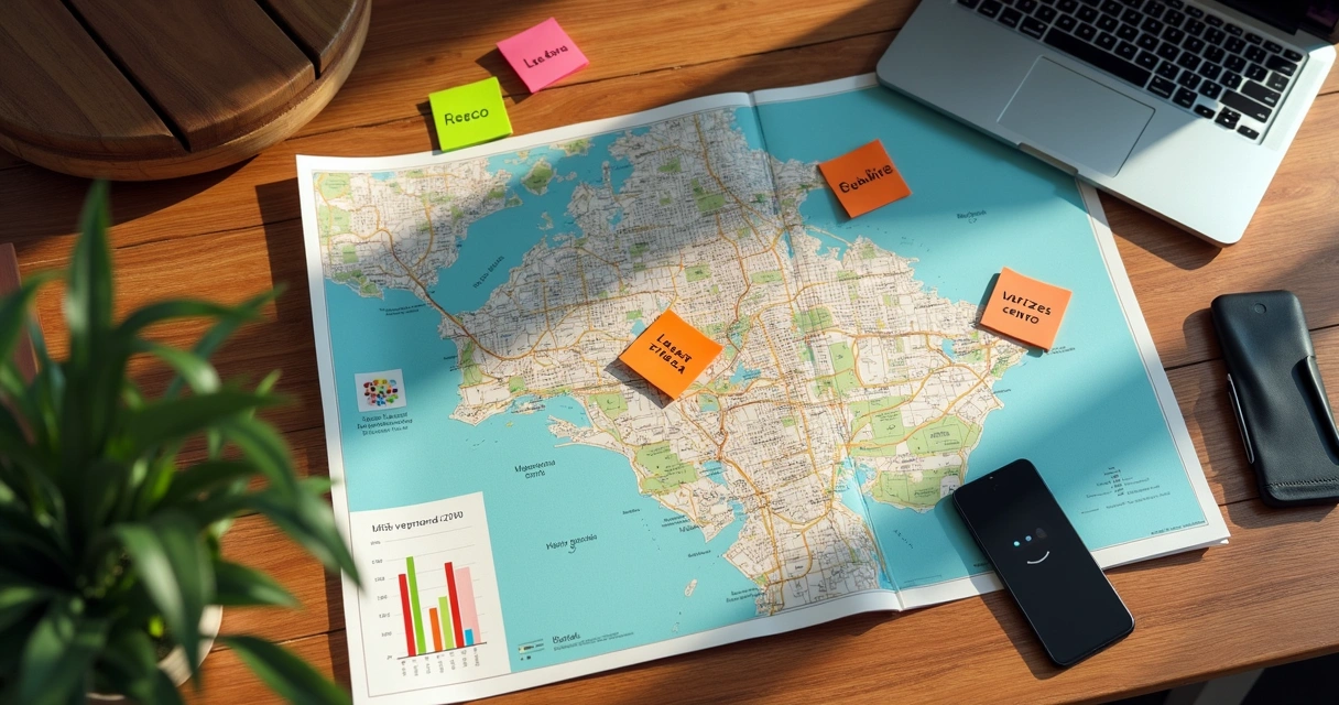 Mapa com palavras-chave locais em post-its