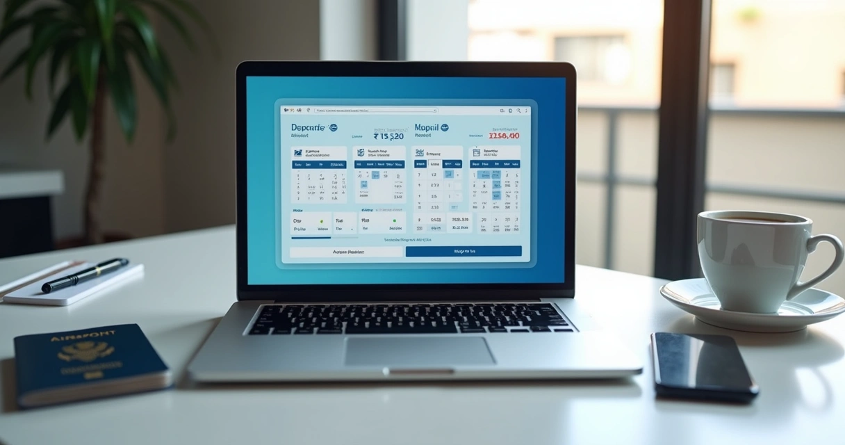 Tela de busca de passagens em notebook com calendário e preços 