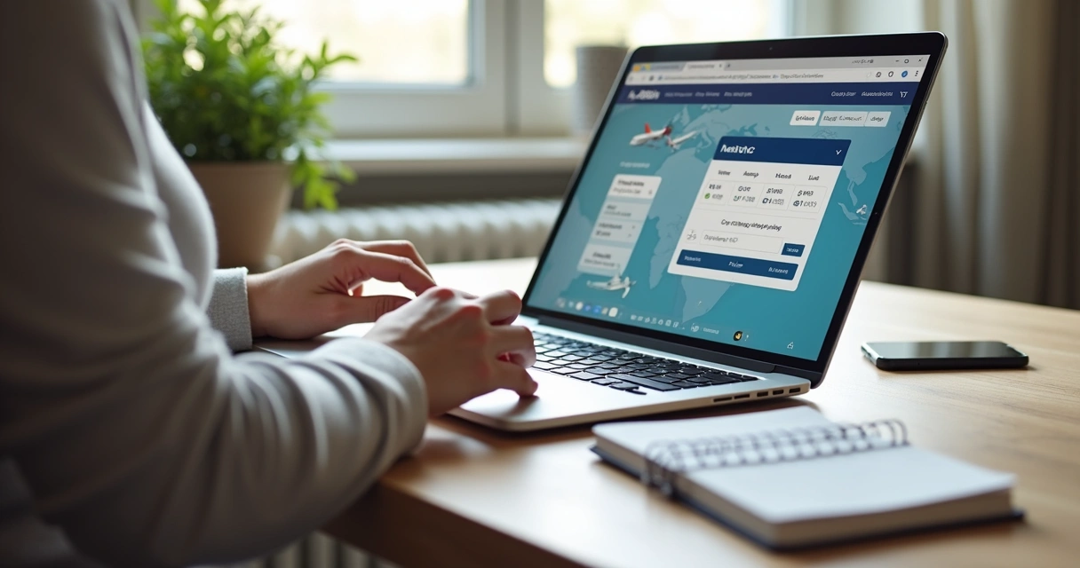 Pessoa pesquisando passagens aéreas em notebook com calendário ao lado 