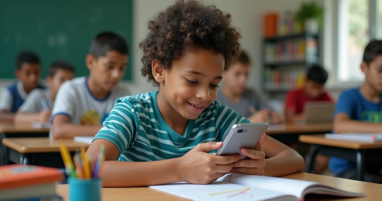 Jovem pesquisando trabalhos escolares em aplicativo de vídeo no celular dentro de sala de aula 