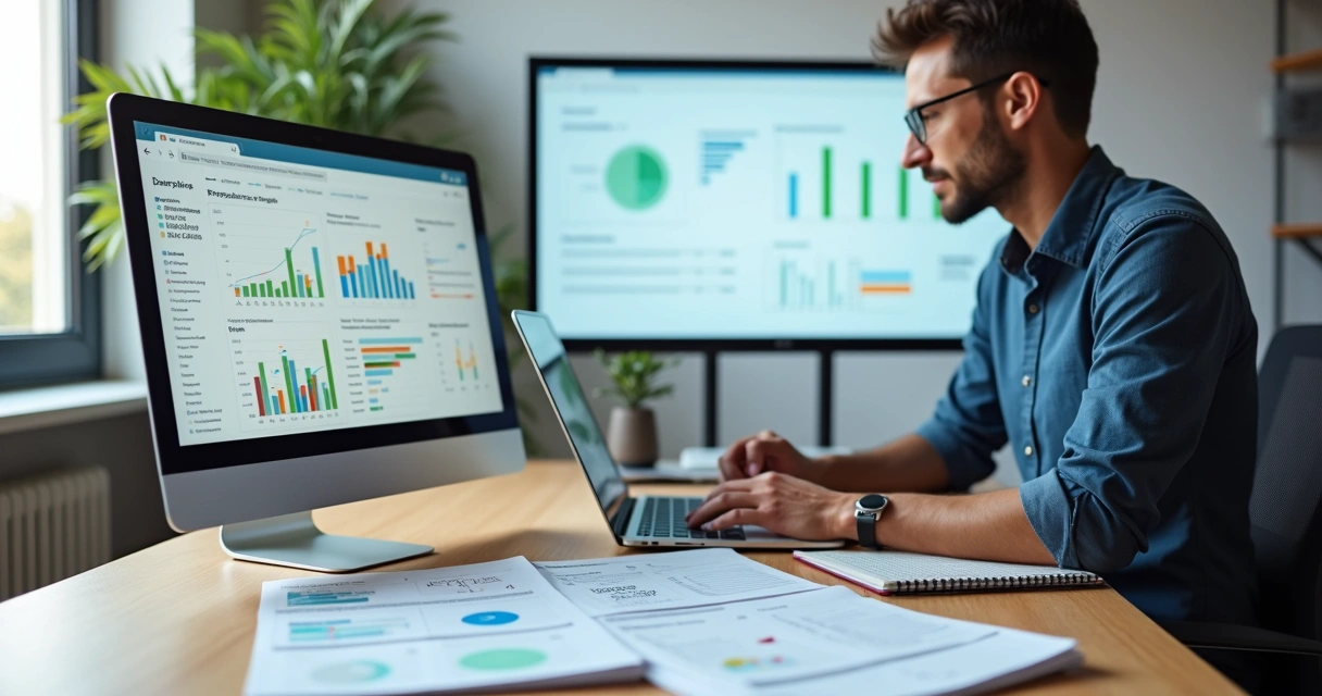 Gestor analisando pesquisa de precificação em gráficos e planilhas 