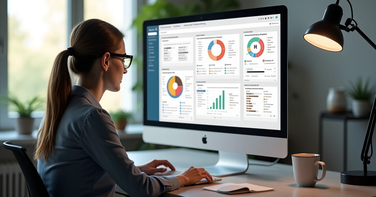 Mulher analisando dados de privacidade na tela do computador