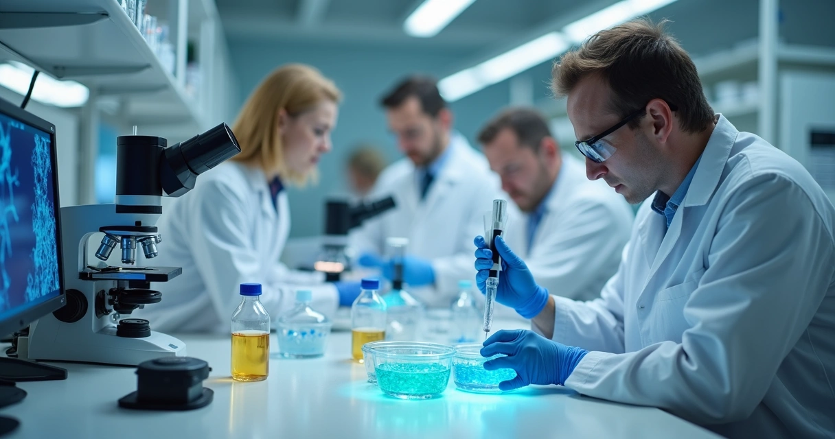 Cientistas analisam amostras de probióticos em laboratório