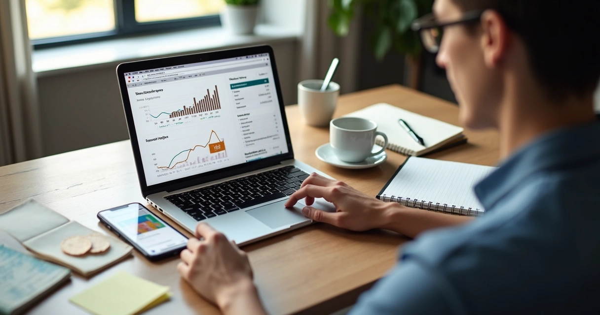 Pessoa pesquisando produtos e tendências em notebook e celular 