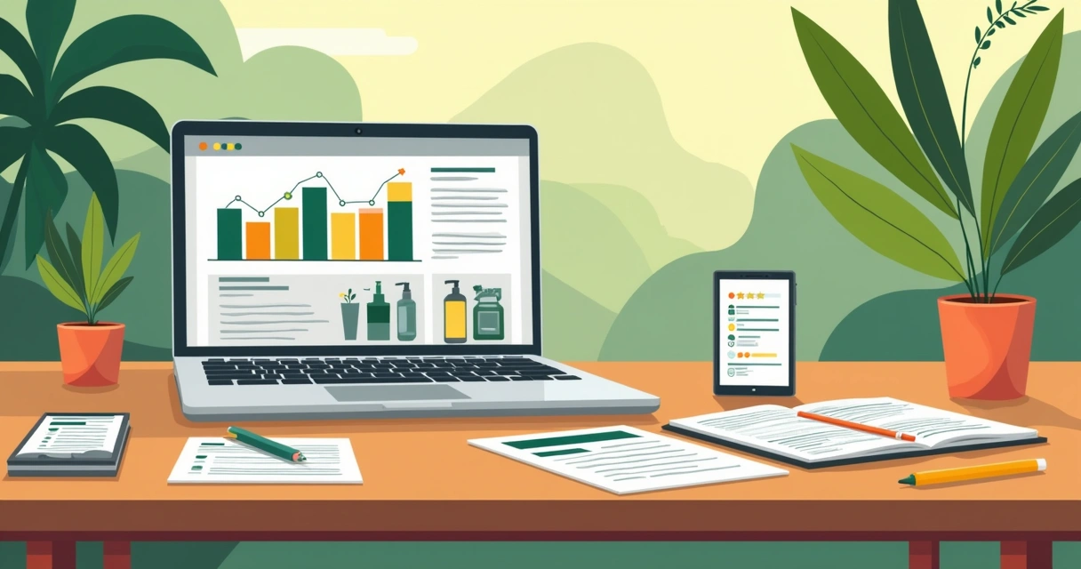 Análise de produtos em uma mesa, com laptop e anotações brasileiras 