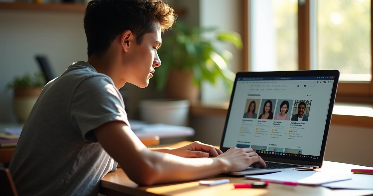 Estudante pesquisando cursos universitários em laptop 