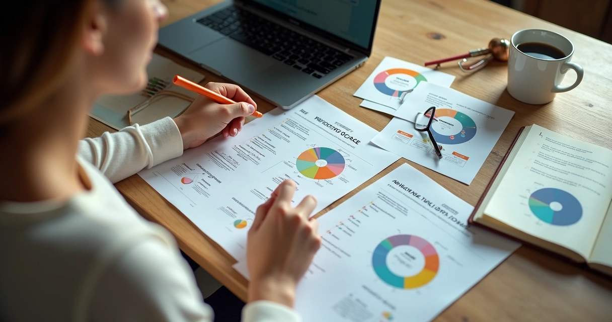 Pessoa analisando opções de carreira em uma mesa com laptop, caderno e gráficos 