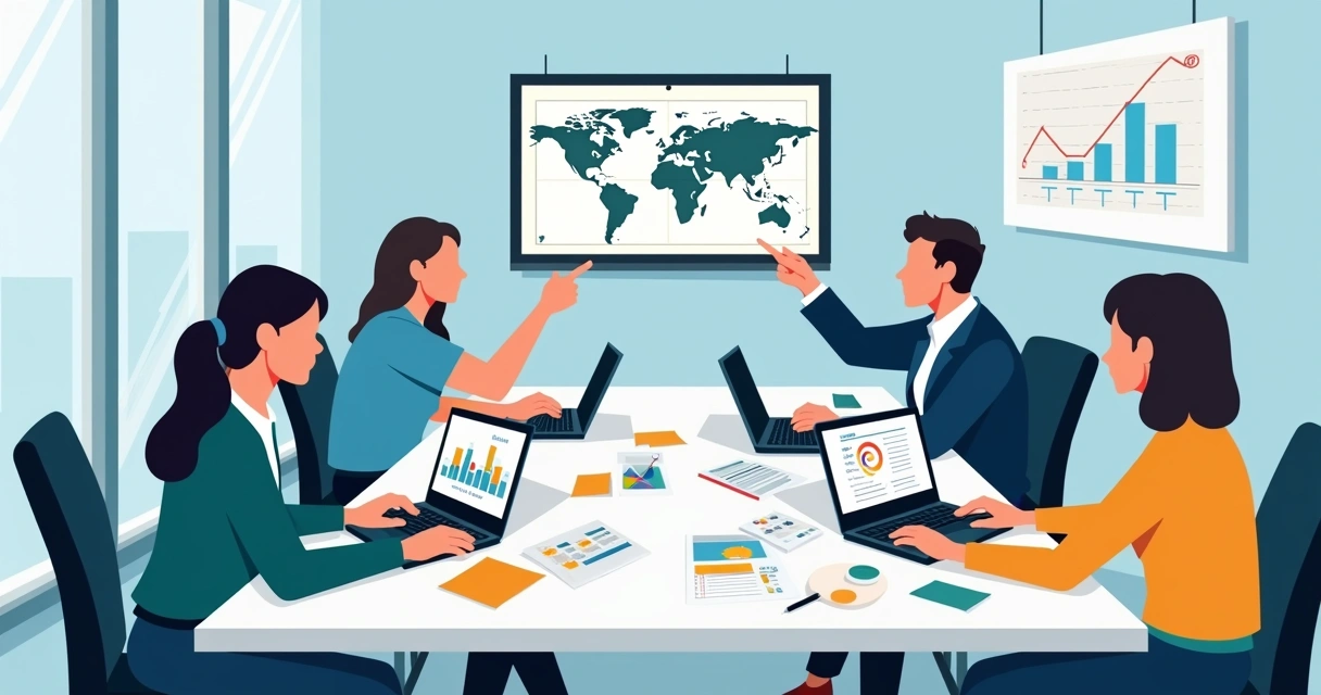 Equipe analisando dados de pesquisa de empresas em computadores 