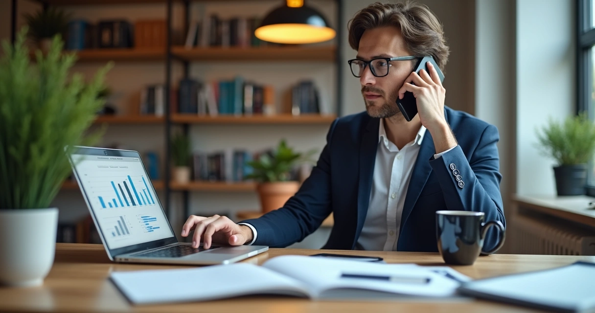 Profissional segurando telefone ao lado de notebook com anotações e gráficos 