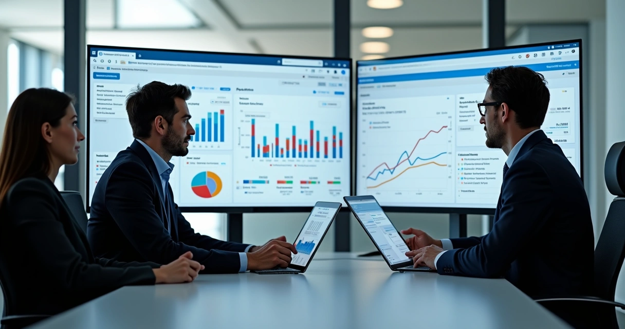 Profissionais analisando dados do LinkedIn em telas