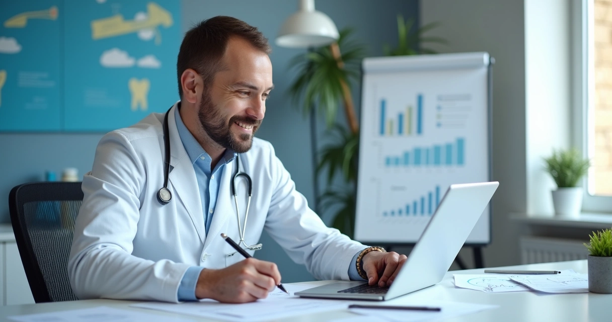 Profissional analisando dados de pesquisas de satisfação de pacientes odontológicos