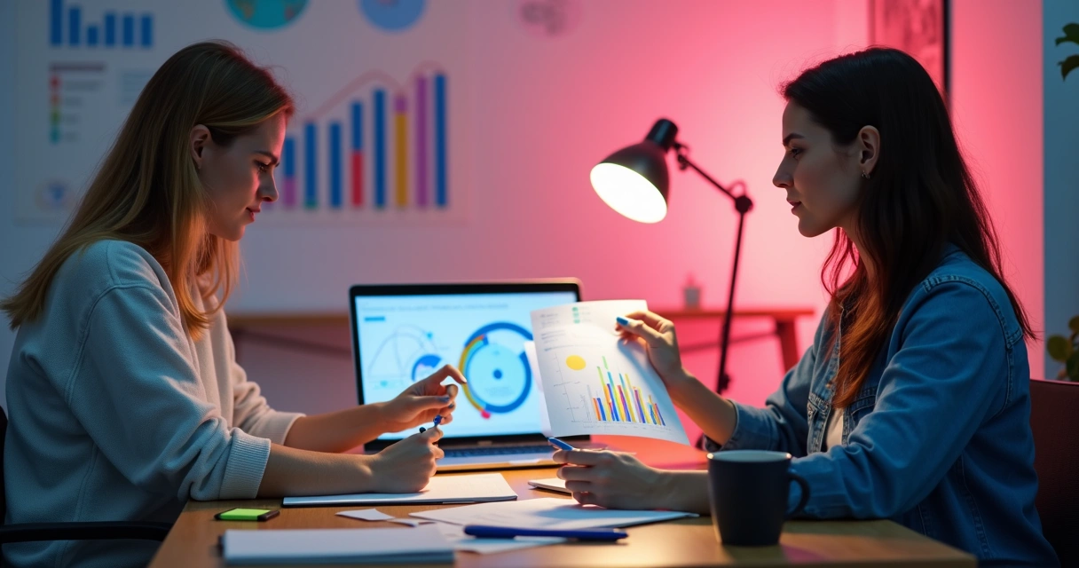 Duas mulheres analisando dados e fazendo pesquisas em cadernos e notebook, com gráficos coloridos ao fundo 