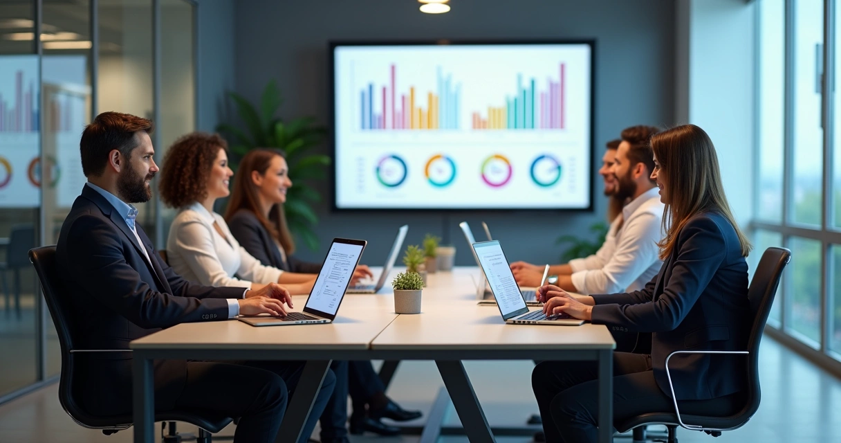 Equipe reunida analisando dados do público 