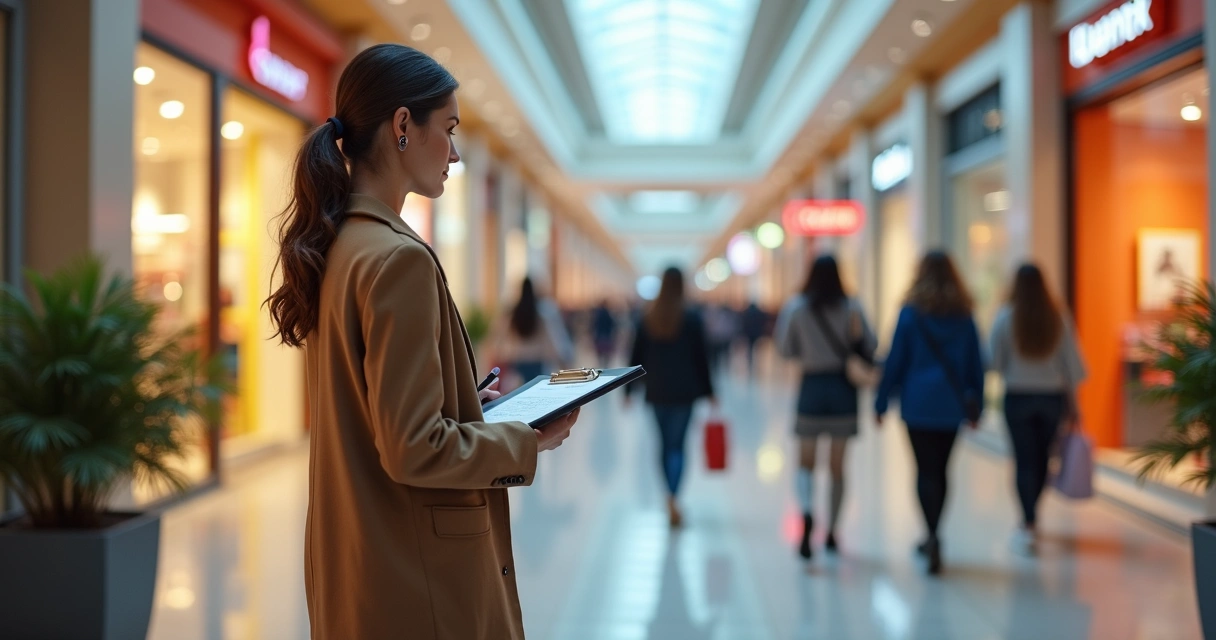 Mulher analisando o movimento de consumidores no corredor de um shopping 