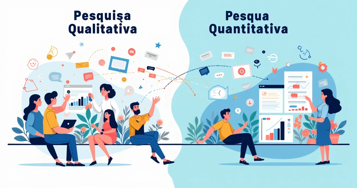 Ilustração destacando as diferenças entre pesquisa qualitativa e quantitativa com personagens e gráficos.