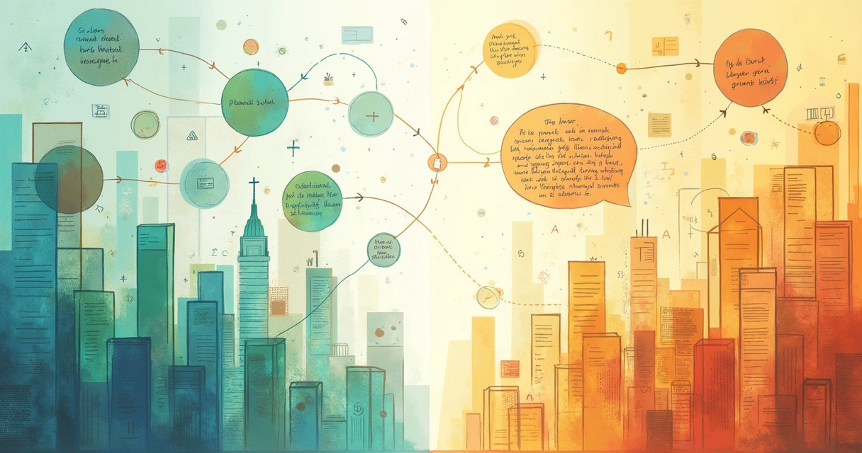 Ilustração abstrata mostrando a integração da pesquisa quanti-qualitativa, com gráficos e anotações.