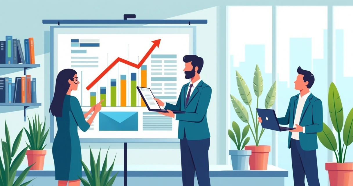 Grupo diversificado em um escritório moderno, discutindo gráficos de pesquisa quantitativa com dados estatísticos.