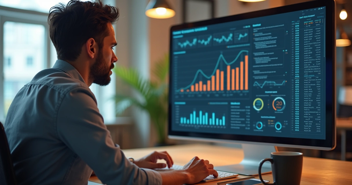 Gestor analisando gráficos de feedback recorrente em um computador