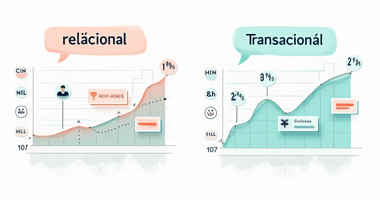 Comparação entre uma pesquisa relacional e uma pesquisa transacional com um gráfico representando engajamento ao longo do tempo 