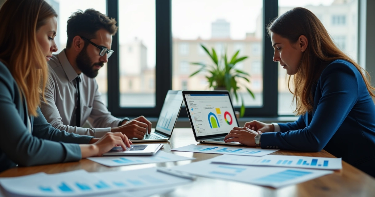 Equipe analisando dados de riscos psicossociais em dois laptops com gráficos coloridos em um escritório moderno 