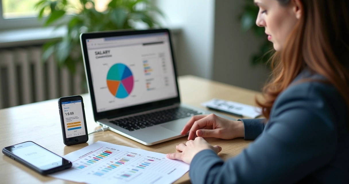 Profissional analisando gráficos de salários em tela de computador 