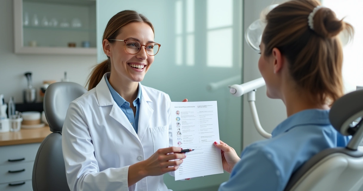 Dentista entregando pesquisa de satisfação ao paciente 