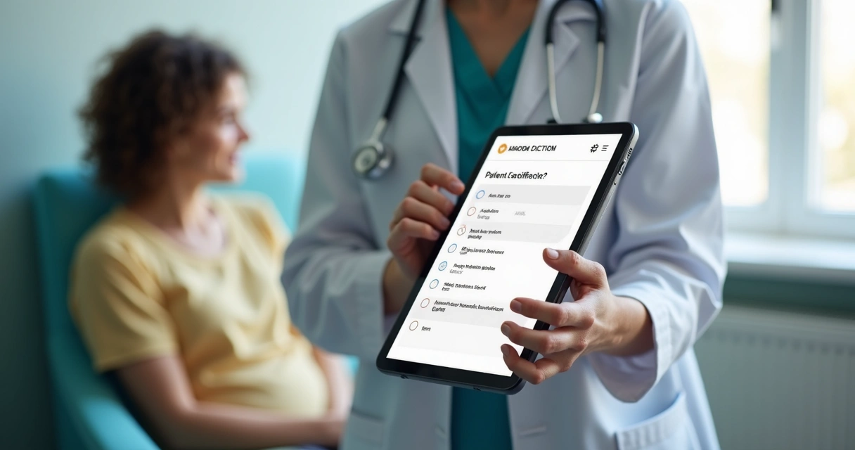 Profissional da saúde mostrando tablet com pesquisa de satisfação preenchida 