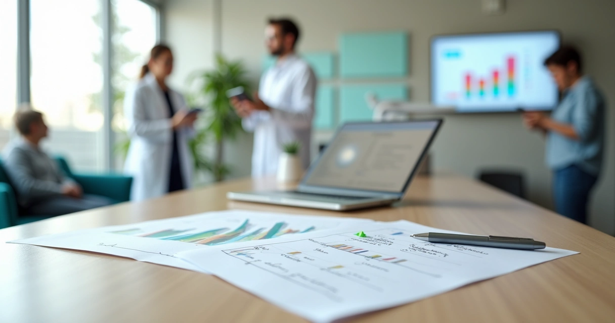 Dentista analisando resultados de pesquisa de satisfação com paciente ao fundo 